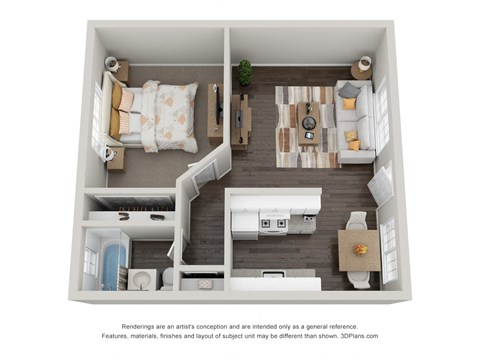 Floor plan for 1 bed, 1 bath, 491 sqft